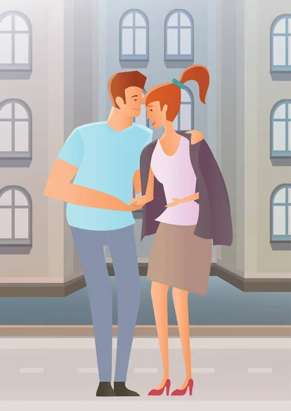 Una coppia innamorata su City Street. Il giovane diede alla ragazza la sua giacca. Abbracciare gli amanti. Illustrazione vettoriale . — Vettoriale Stock