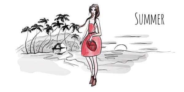 Giovane ragazza sulla spiaggia al tramonto, palme e capanna sulla riva. Illustrazione vettoriale in stile schizzo . — Vettoriale Stock