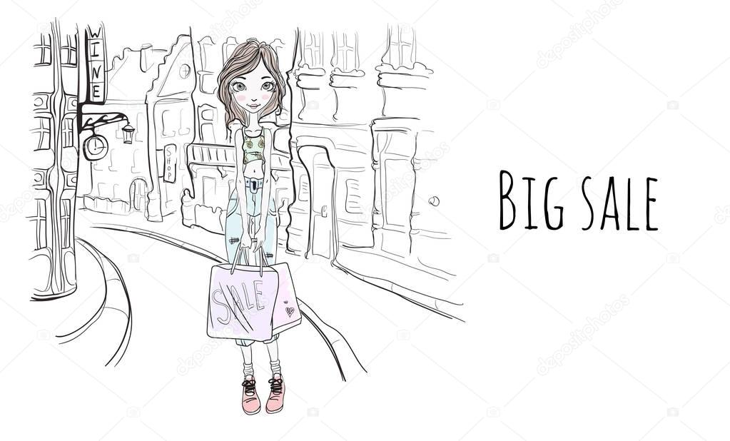 Young girl with shopping bags on the street of city. Vector portrait illustration in sketch style.