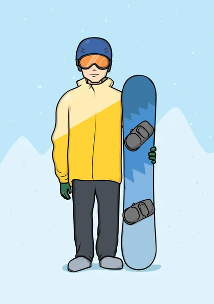 Молодий чоловік стоїть зі сноубордом. Зимові види спорту, сноубординг. Векторні ілюстрації . — стоковий вектор