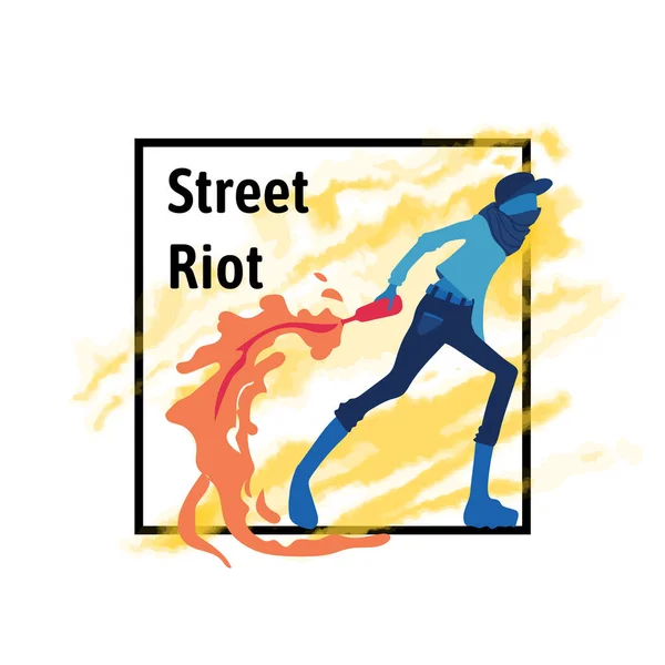 Un joven radical con cócteles molotov, fuego y humo. Disturbios. Ilustración vectorial, póster con espacio para copias . — Archivo Imágenes Vectoriales