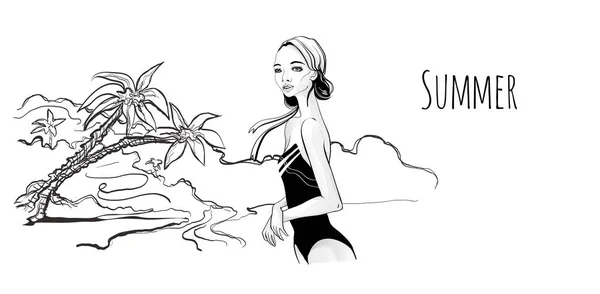 Menina em monokini na praia do mar, palmeiras na costa. Ilustração vetorial em estilo esboço . — Vetor de Stock