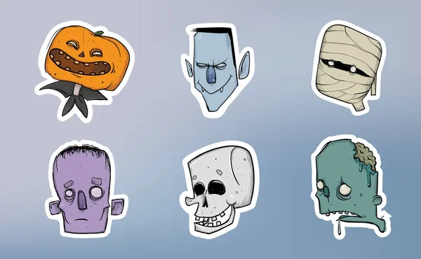 Halloween samolepek. Zombie, kostry, mumie a jiné strašidelné postavy. Vektorové ilustrace sada. — Stockový vektor