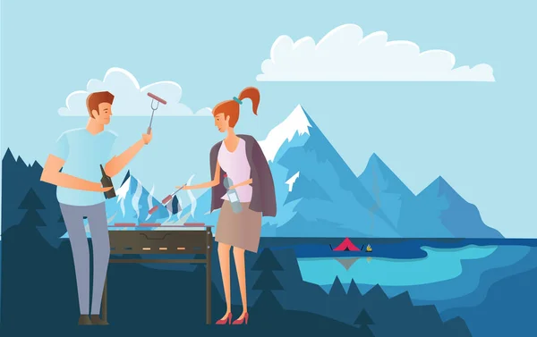 People on picnic or Bbq party in the mountains. Man and woman cooking steaks and sausages on grill. Mountain landscape with lake. Vector illustration. — Stock Vector