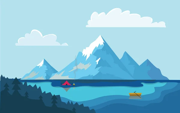 Lac dans les montagnes. Le bateau sur l'eau, feu de camp à côté de la tente touristique sur le rivage. Illustration vectorielle . — Image vectorielle