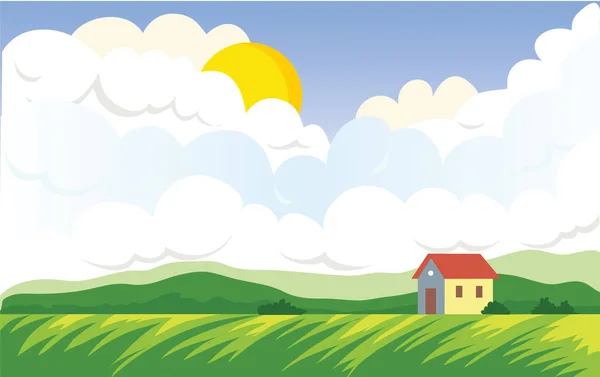 Agrarlandschaft mit Bauernhaus. Feld und Kumuluswolken mit der Sonne. Vektor Landschaft Illustration. — Stockvektor