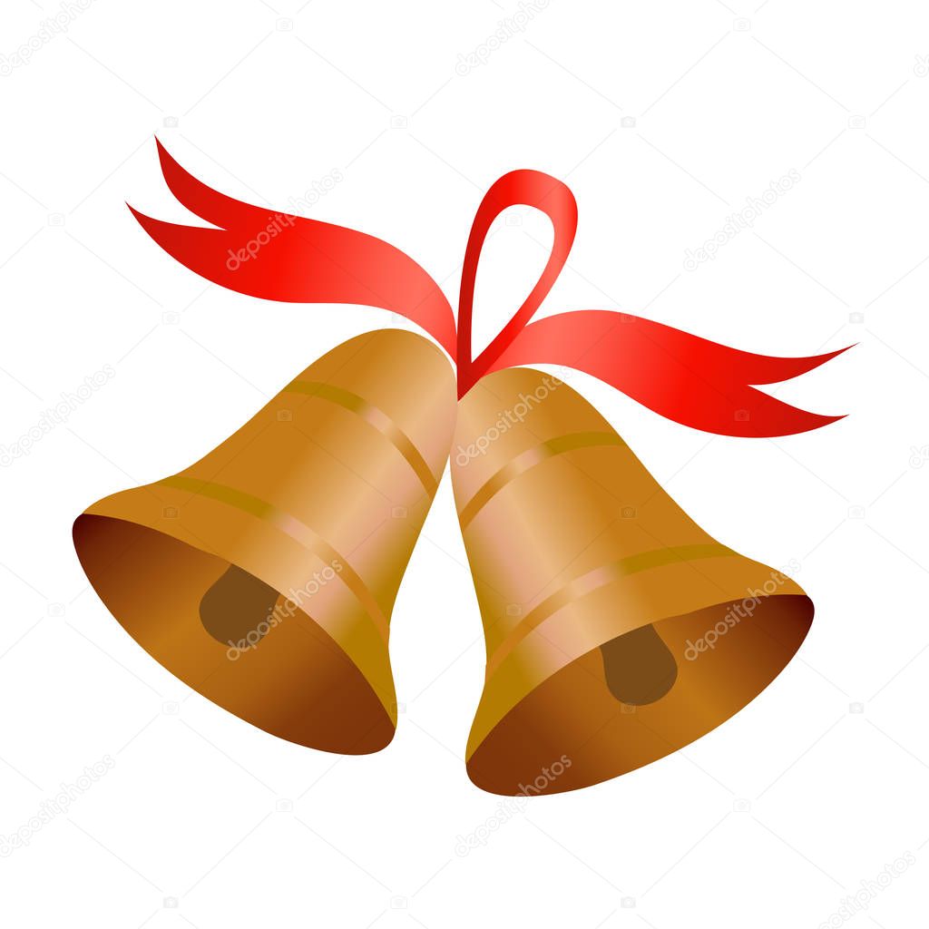 Two bells with red ribbon. Vector illustration, isolated on white.