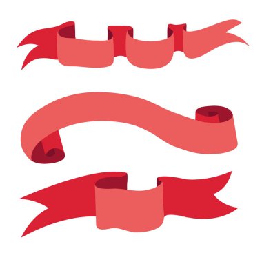 Dekoratif kırmızı kurdele afiş kümesi. Vektör çizim, üzerinde beyaz izole.