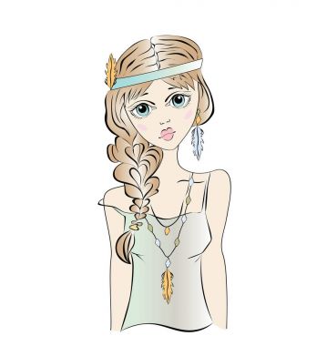 Boho kız, hippi. Genç bir kadın portresi. Vektör çizim.