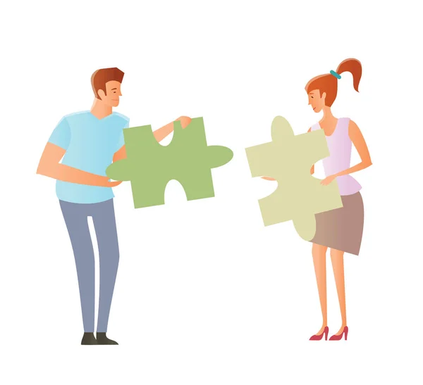 Concept on the topic of compatibility of partners. Problems of mutual understanding between a man and a woman. Young couple holding puzzle pieces. Vector illustration. — Stock Vector