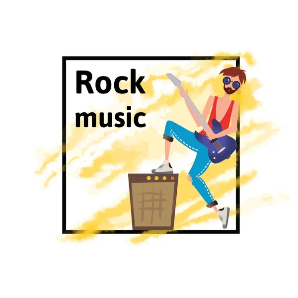 Młody mężczyzna gra na gitarze. Muzyk rockowy. Ilustracja wektorowa, izolowana na białym tle. — Wektor stockowy