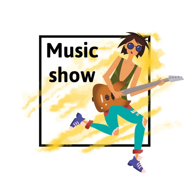 Młody mężczyzna gra na gitarze. Muzyk rockowy. Ilustracja wektorowa, izolowana na białym tle. — Wektor stockowy