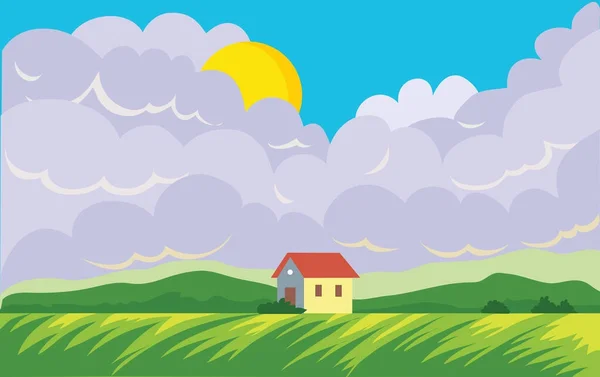 Agrarlandschaft mit Bauernhaus. Feld und Kumuluswolken mit der Sonne. Vektor Landschaft Illustration. — Stockvektor