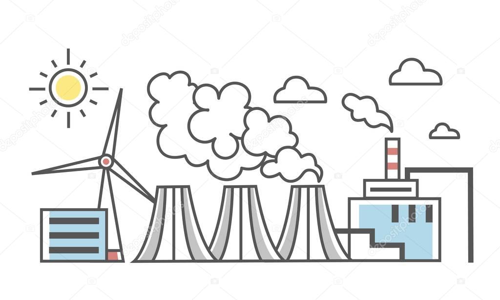 The industrial landscape. Different types of power plants. Power plant and wind power plant. Thin line style vector Illustration, isolated on white.