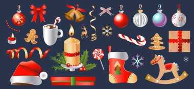 Noel ve mutlu yeni yıl küme. Parti nesneleri ve dekorasyon koleksiyonu. İzole vektör çizim.