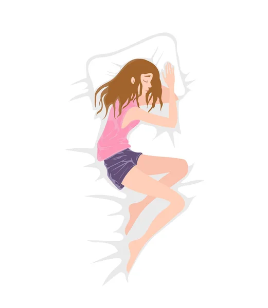 Slapende meisje. Vrouw slapen op witte bed blad en kussen. Vectorillustratie, geïsoleerd op wit. Het uitzicht vanaf de top. — Stockvector