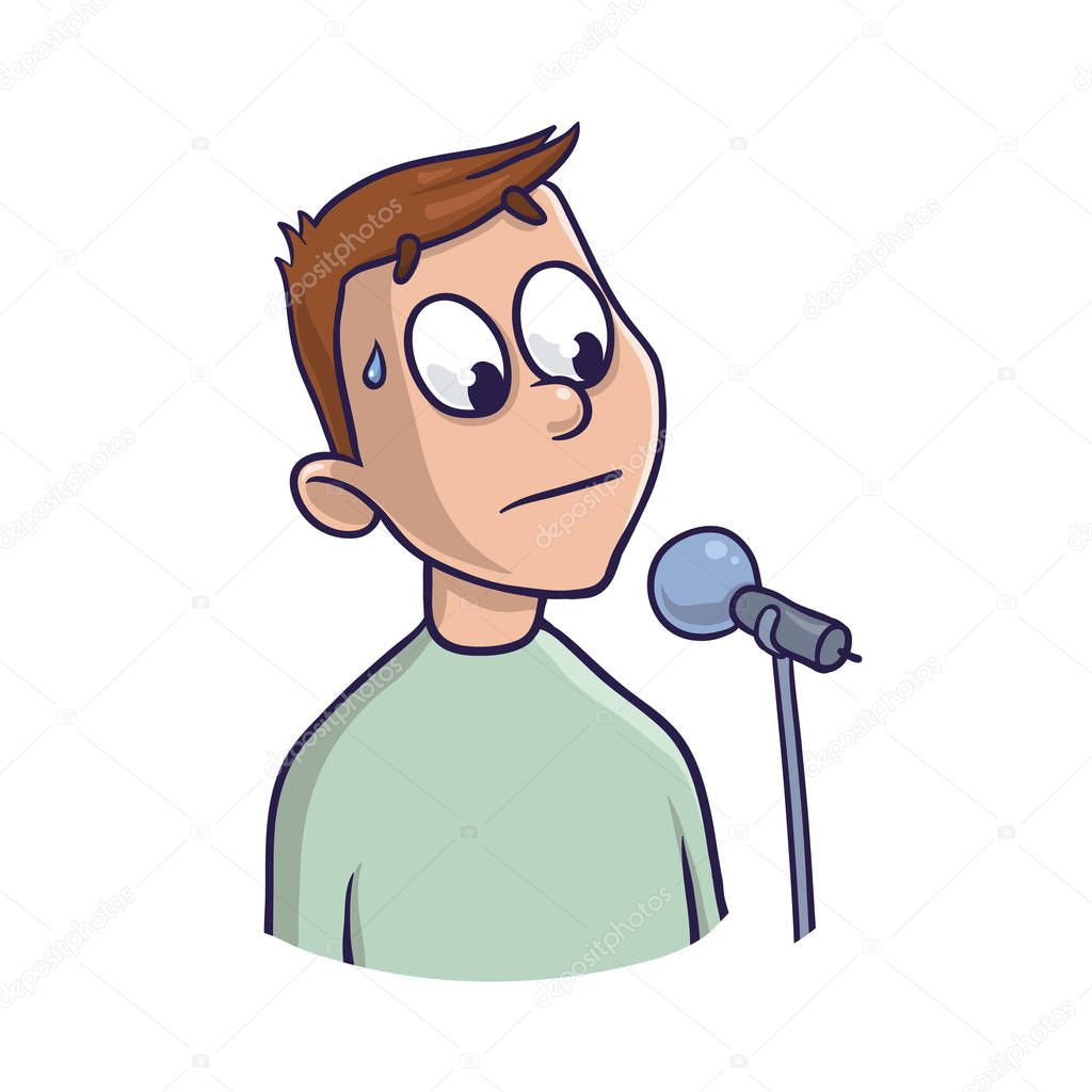 Fear of public speaking, glossophobia. Excitement and loss of voice. Man with microphone. Vector illustration, isolated on white background.