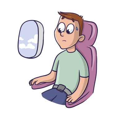 Vasıl belgili tanımlık pencere uçak koltukta endişeli korkmuş adamım. Uçan, aerophobia korkma. Vektör çizim, üzerinde beyaz izole.