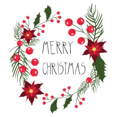 Yuvarlak çerçeve çiçek çiçek ve meyveleri ile Noel tatil kartları için. Vektör çizim.