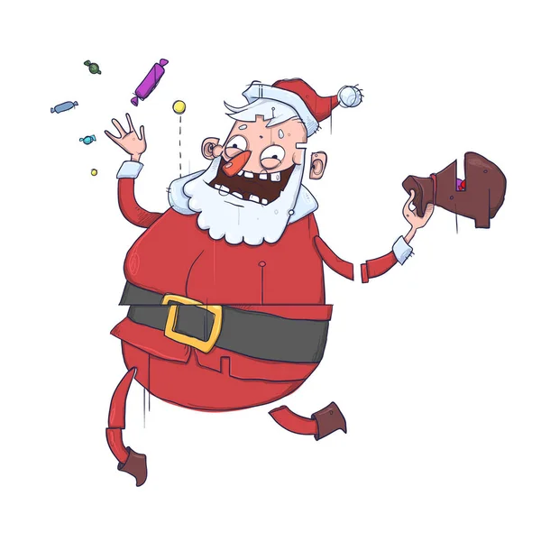 Χαριτωμένο Άγιος Βασίλης με σάκο δώρα και γλυκά. Εικονογράφηση διάνυσμα, απομονώνονται σε λευκό φόντο. — Διανυσματικό Αρχείο