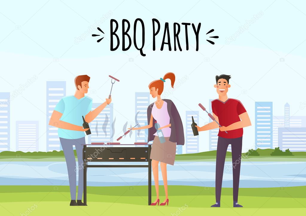 People on picnic or Bbq party. Man and woman cooking steaks and sausages on grill. Vector illustration.