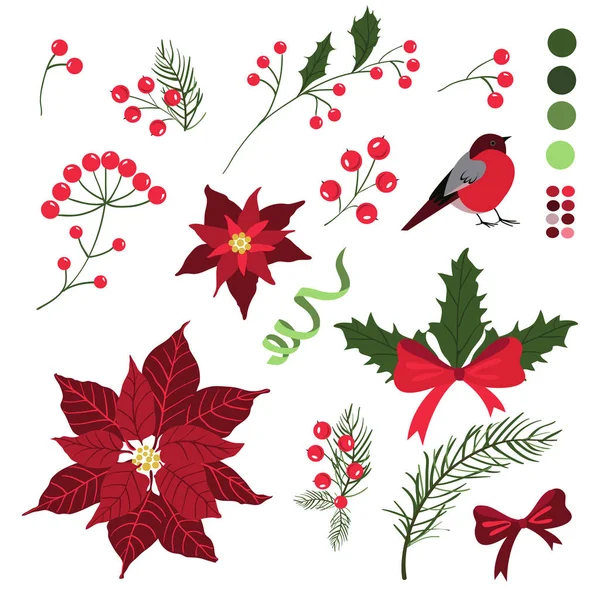 Set van decoratieve elementen voor vakantie kerstkaarten met bloemen en bessen. Vectorillustratie, geïsoleerd op wit. — Stockvector