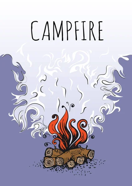 Feu de camp, feu sur billes de bois et nuage de fumée. Illustration vectorielle . — Image vectorielle