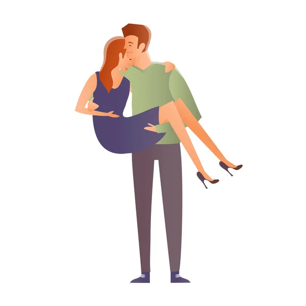 Νεαρό ζευγάρι σε μια ημερομηνία. Ο άνθρωπος που μεταφέρουν γυναίκα στην αγκαλιά του. Εικονογράφηση διάνυσμα, απομονώνονται σε λευκό φόντο. — Διανυσματικό Αρχείο