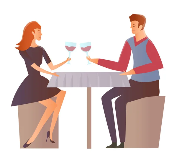 Νεαρό ζευγάρι σε μια ημερομηνία στο εστιατόριο. Άνδρας και γυναίκα θα πρέπει να πίνετε κρασί σε ένα ρομαντικό δείπνο. Εικονογράφηση διάνυσμα, απομονώνονται σε λευκό φόντο. — Διανυσματικό Αρχείο