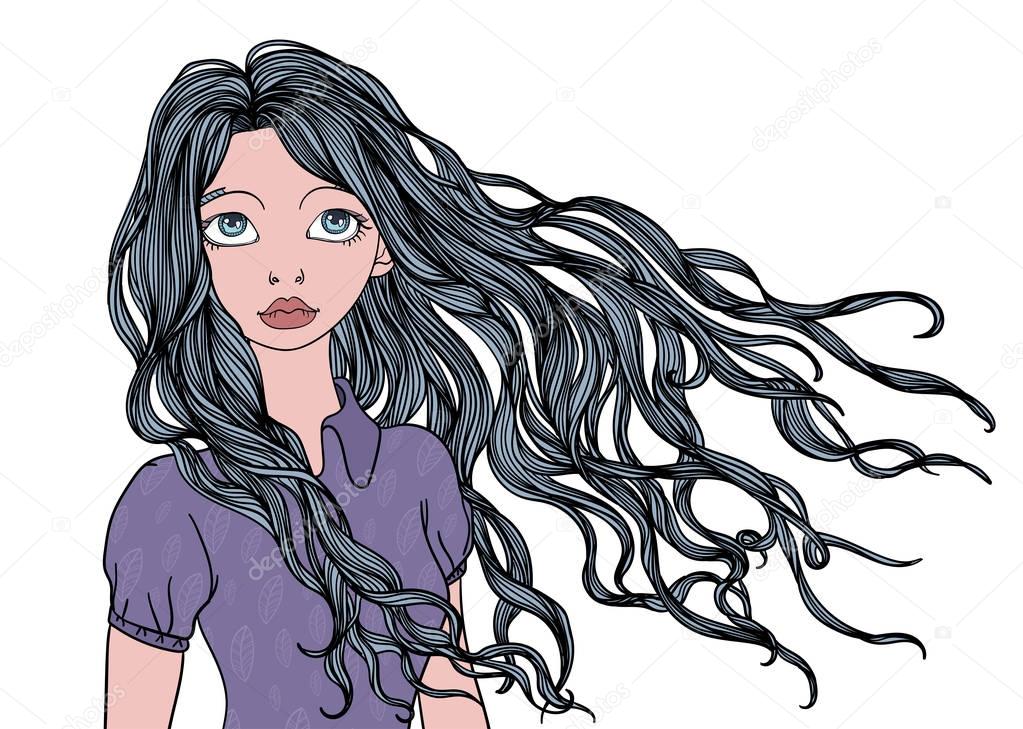 A young girl with long waving in the wind hair. Vector portrait illustration, isolated on white.