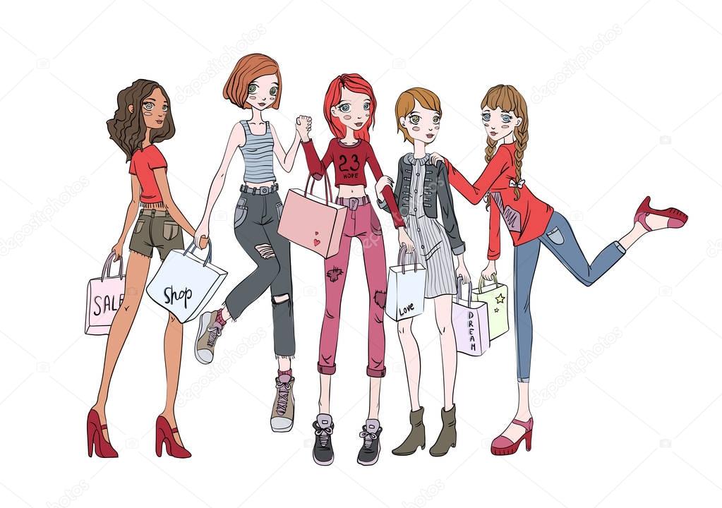 A group of girls with shopping bags in hands. Vector illustration, isolated on white background.