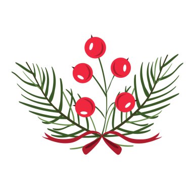 Kırmızı çilek ve yaprakları, kurdele ile bağlanmış. Yeni yıl veya Noel için dekoratif öğe. Vektör çizim, üzerinde beyaz izole.