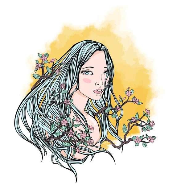 长头发的女人的枝叶间樱花盛开的鲜花，象征着自然和自然之美。矢量图. — 图库矢量图片