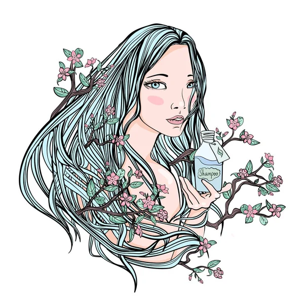 Hermosa chica sosteniendo una botella de cosméticos. Sakura floreciente en su cabello, un símbolo de la cosmética natural. Ilustración vectorial, aislada en blanco . — Archivo Imágenes Vectoriales