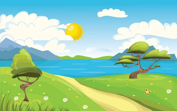 Paesaggio dei cartoni animati. Montagne, mare o lago, alberi e strada sterrata. Cielo blu con nuvole e sole. Illustrazione vettoriale . — Vettoriale Stock