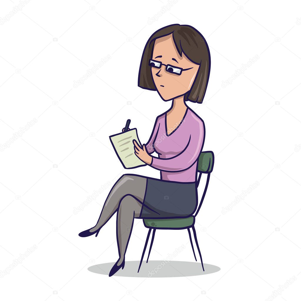 Woman sitting in a chair and writes in a notebook. Vector illustration, isolated on white.