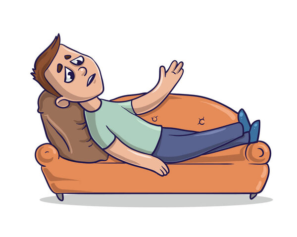 Tired young man lying on the sofa. Vector illustration, isolated on white background.