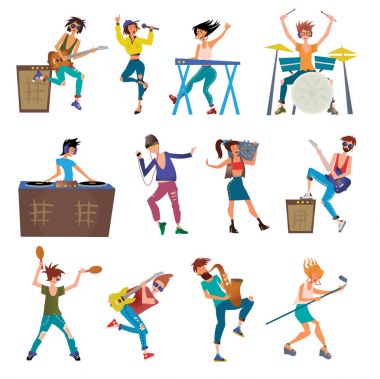 Müzisyenler müzik aletleri oynamaya vektör karakter karikatür. Davulcu, klavyeci, şarkıcılar, Dj, dansçı ve diğer. İllüstrasyon, beyaz izole.