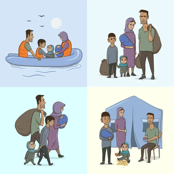 Mülteci aile ile çocuk. Avrupa'ya üzerinde tekne yelken. Kara geçiş ve mülteci kampında hayatta. Avrupa göçmen krizi kavramı. Vektör çizim.
