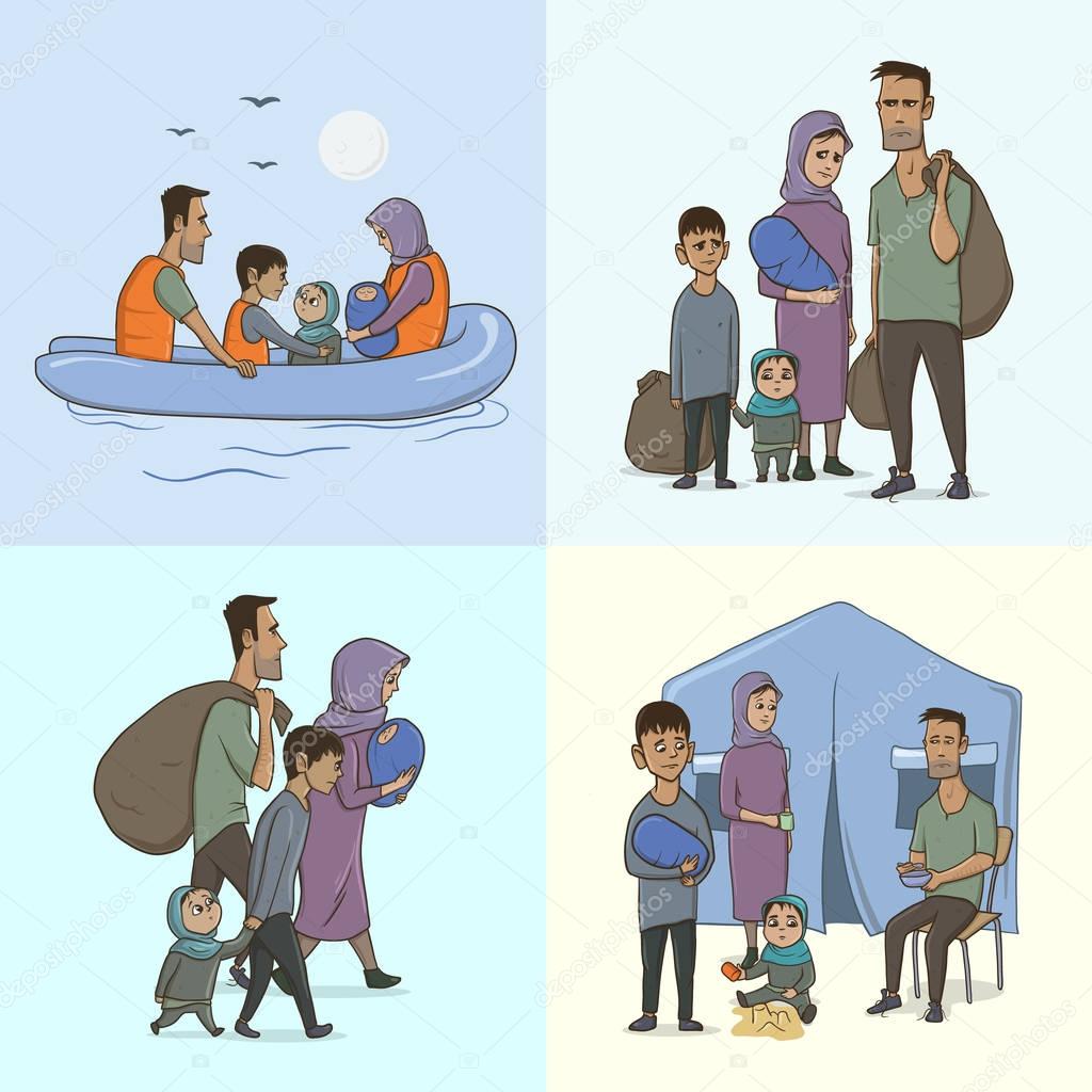 The Refugee Family with Children. Sailing to Europe on the Boat. Land Transition and Life in the Refugee Camp. European Migrant Crisis Concept. Vector Illustration.