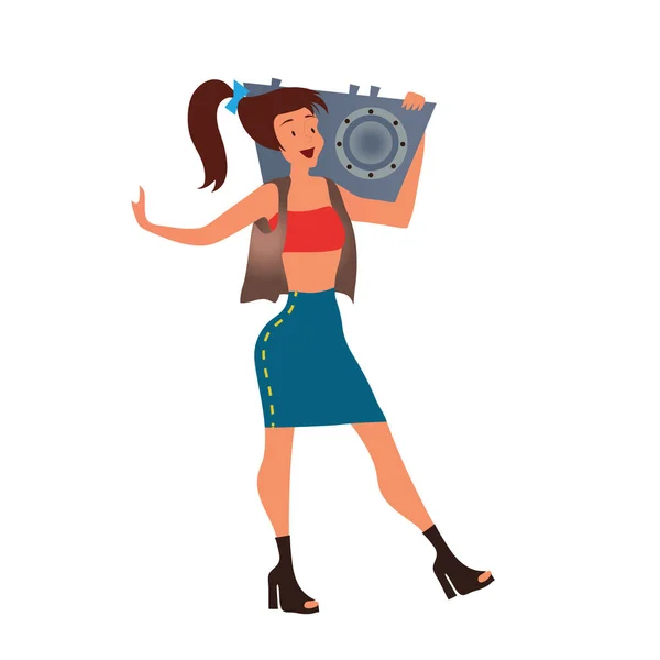 Une jeune fille avec une boombox. Illustration vectorielle, isolée sur blanc . — Image vectorielle