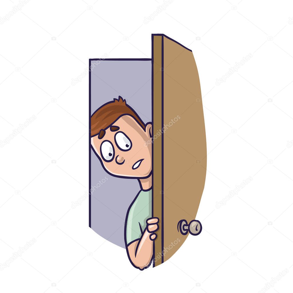 Young man peeking in the slightly open door. Agoraphobia concept. Vector Illustration, isolated on white.