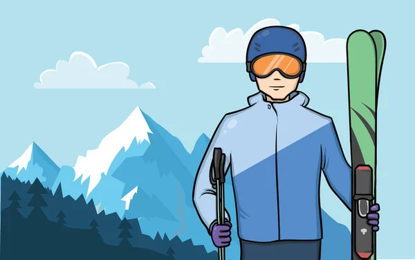 Skieur debout sur un fond de paysage de montagne. Sport d'hiver extrême. Illustration vectorielle . — Image vectorielle