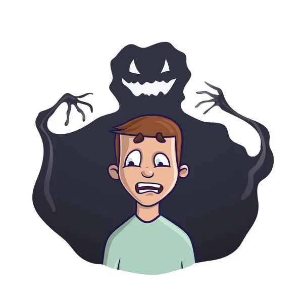 The young man and the shadow monster behind him. Vector illustration on the theme of insomnia, nightmares, fears. Isolated on white. — Stock Vector