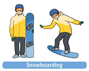 Genç bir adam ile snowboard, ayakta ve hareket halinde. Snowboard, aşırı kış spor, Aktif istirahat. Vektör çizim, üzerinde beyaz izole.