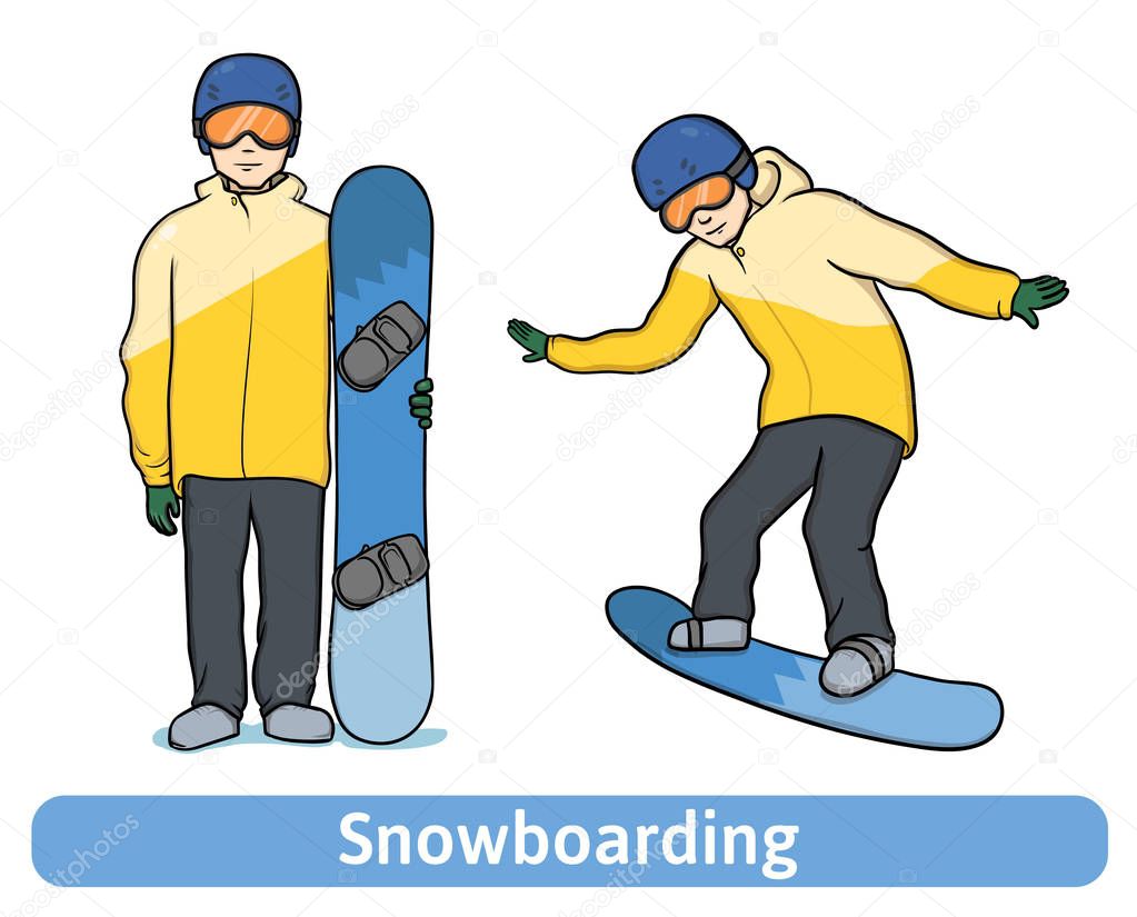 A young man with snowboard, standing and in motion. Snowboarding, extreme winter sport, active recreation. Vector Illustration, isolated on white.