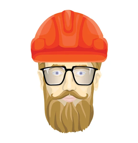 Constructor, trabajador industrial. El rostro de un hombre barbudo con gafas en un casco de construcción. Ilustración vectorial, aislada en blanco . — Archivo Imágenes Vectoriales