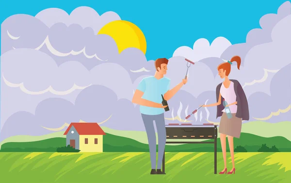 People on picnic or Bbq party in rural landscape. Man and woman cooking steaks and sausages on grill. Vector illustration. — Stock Vector