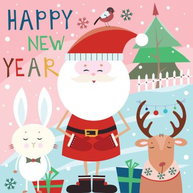 Mutlu yeni yıl 2018. Noel Baba, tavşan ve geyik ile tebrik kartı. Vektör.