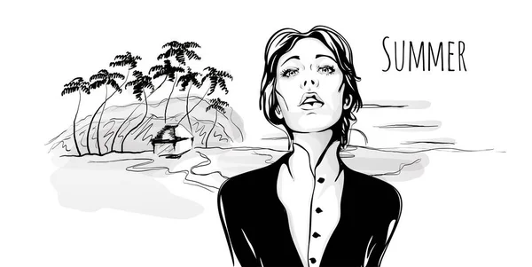 Joven chica de moda caminando en la playa tropical con palmeras. Dibujo dibujado a mano vectorial ilustración, en blanco y negro . — Vector de stock